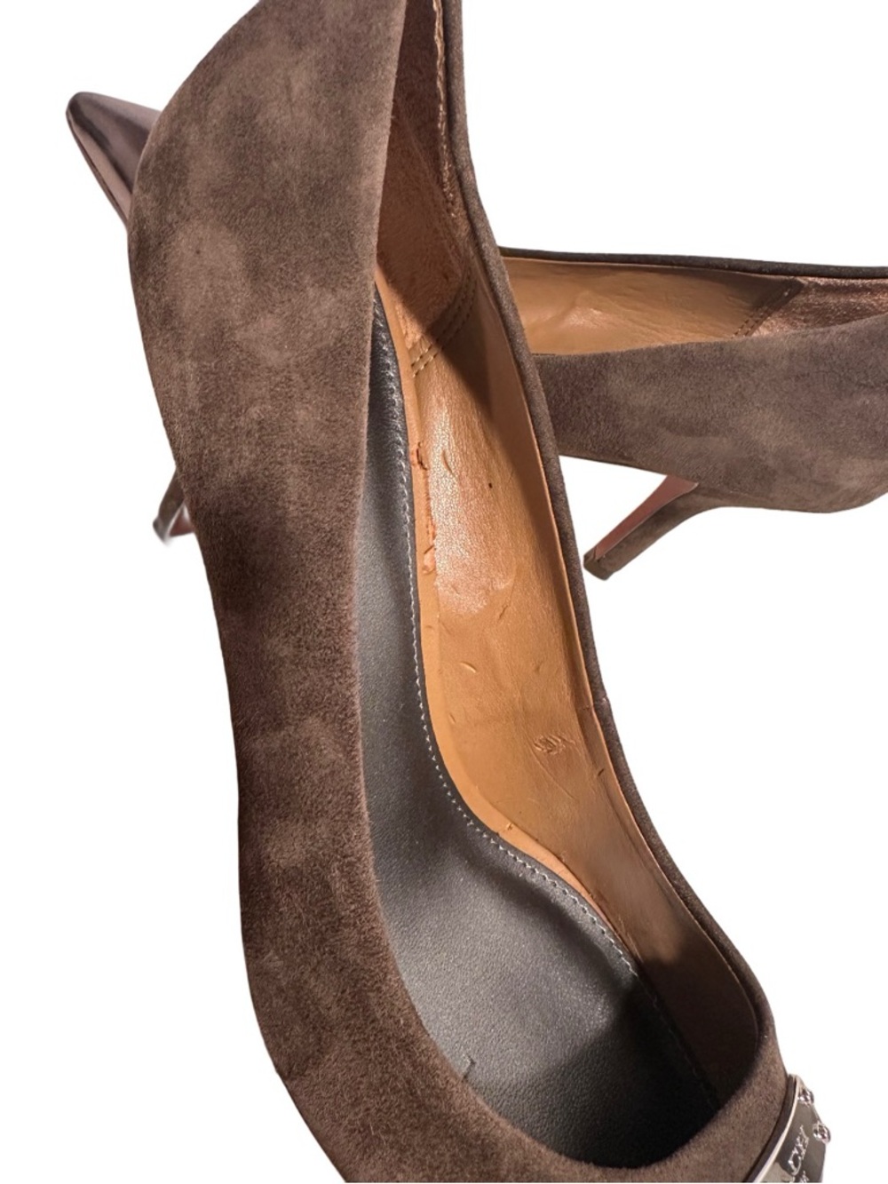 COACH Zan Brown Suede Metallic Cap Toe Pointed Pumps Heels Silver - Size 9B GUC - Picture 15 of 17